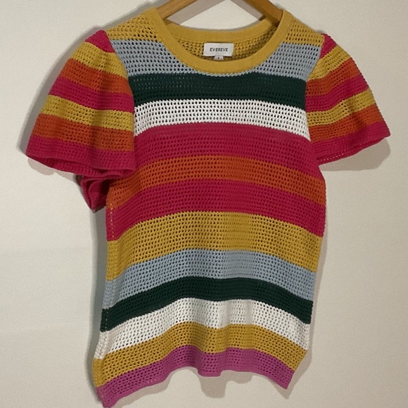 Evvereve Sweaters - Colorful Striped Evereve Haven Flutter Sleeve Sweater with open weave stich